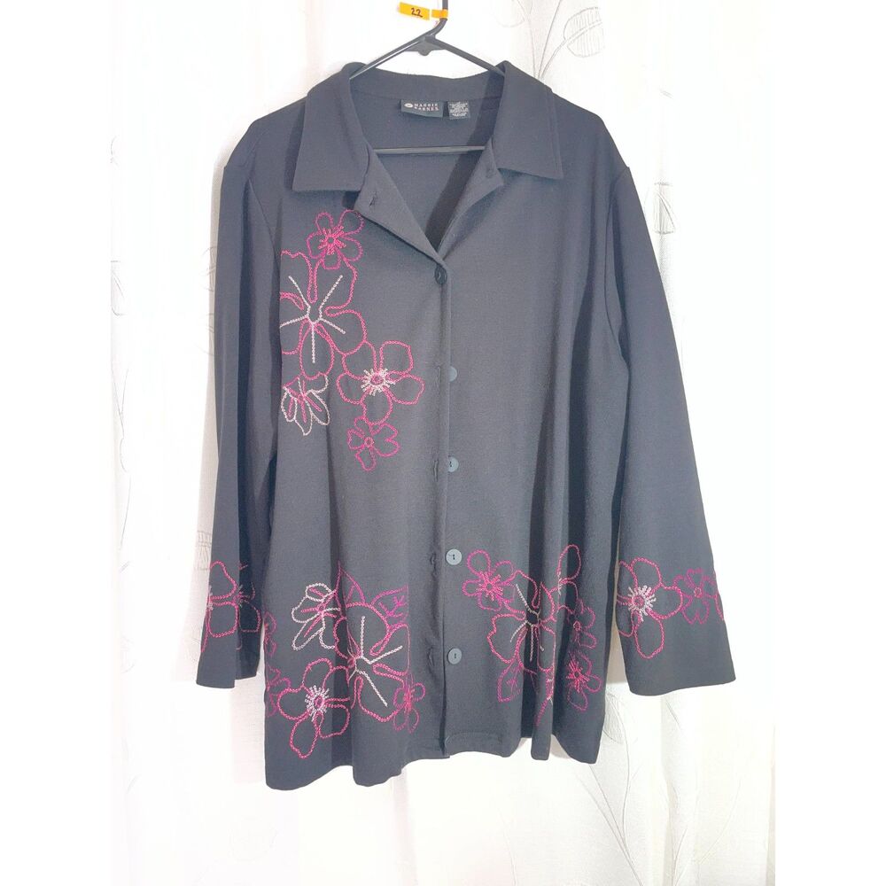Maggie Barnes Black Embroidered Floral Button-Up Shirt Jacket Tunic